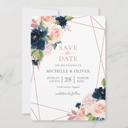 Bläsernavy und Blush Geometric Save the Date Invi Einladung (Vorderseite)