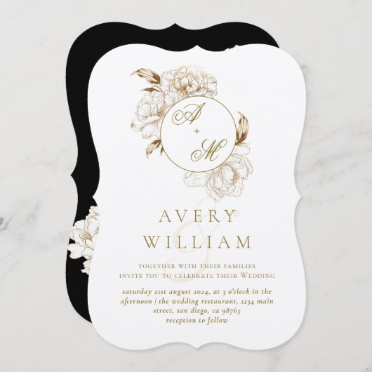 Bläsernbäume Weißgoldene Monogramm Hochzeit Einladung (Vorne/Hinten)