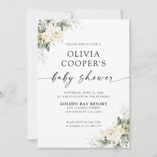 Bläserndusche mit weißen Rosen Einladung (Vorderseite)