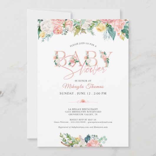 Bläserndusche Rose Gold Pink Blush Typografie Einladung (Vorderseite)