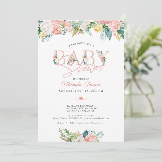 Bläserndusche Rose Gold Pink Blush Typografie Einladung (Stehend Vorderseite)