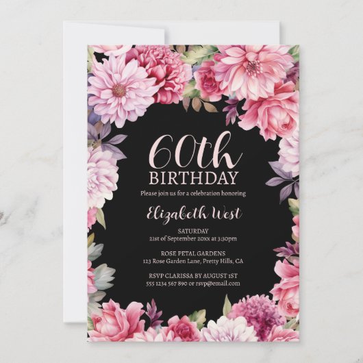 Bläserne Blume Blütenschwarz 60. Geburtstag Einladung (Vorderseite)