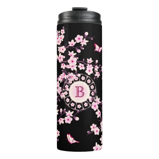 Bläserne Blüten Monogramm Schwarz Rosa Thermosbecher (Vorderseite)