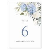 Bläserne Elegant Blue Hydrangea Grüne Hochzeit Tischnummer (Vorderseite)