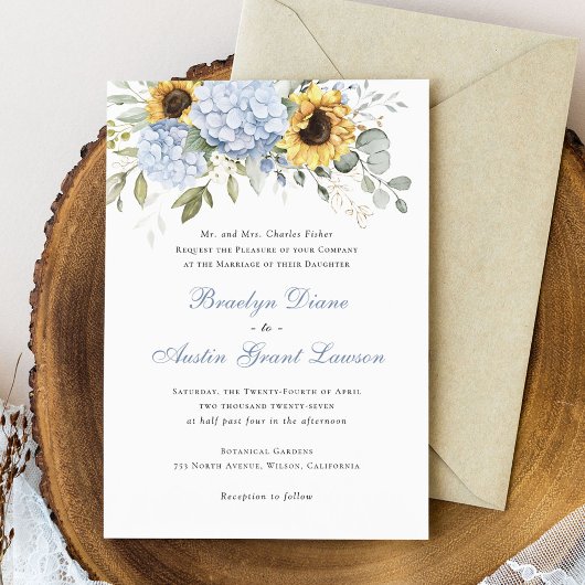 Bläserne Elegante Sonnenblumen Blauer Hydrangea Ho Einladung