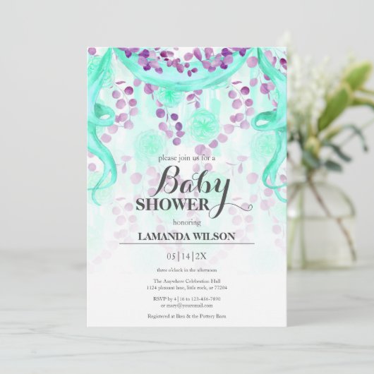 Bläserne Lila und Aquamarine Banner Babydusche Einladung (Stehend Vorderseite)
