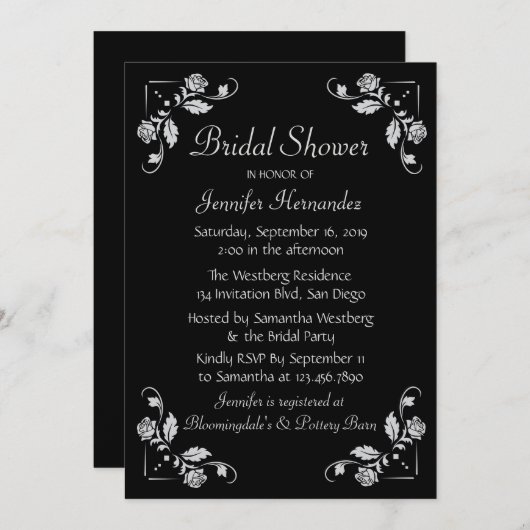 Bläserne Rose Brautparty Schwarz & Grau Hochzeit Einladung (Vorne/Hinten)