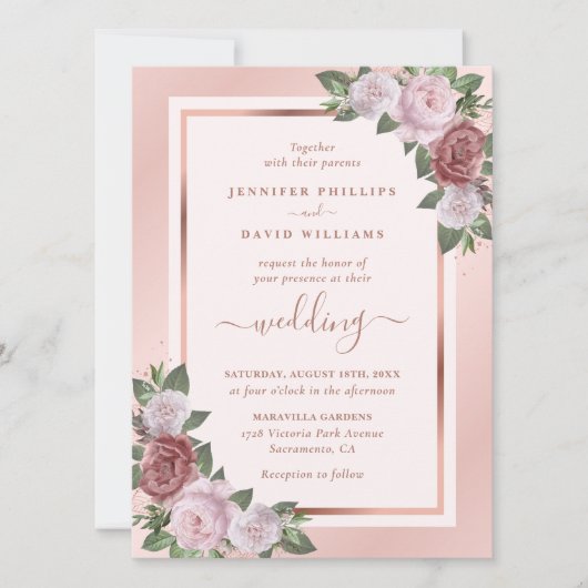 Bläserne Rose Gold Navy Blush Hochzeit Einladung (Vorderseite)