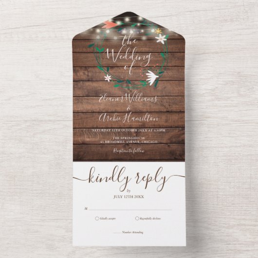 Bläserne Rustikale Holzstring Lights Monogram Wedd All In One Einladung (Innen Boden)