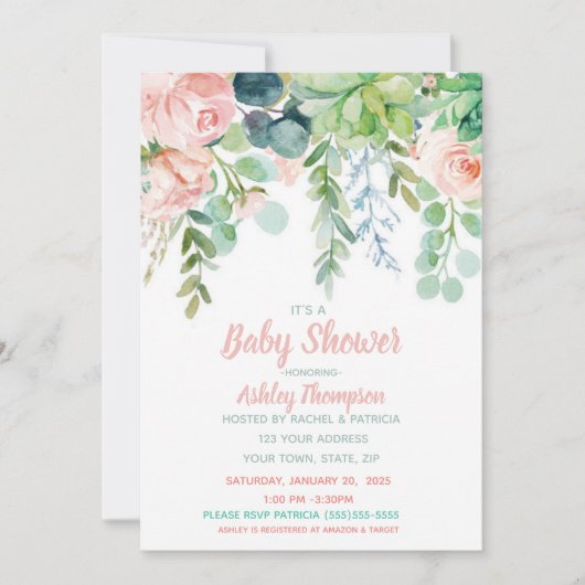 Bläserne Wasserfarbe Rosa Babydusche Einladung (Vorderseite)