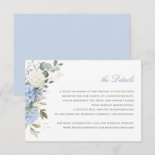 Bläserner Elegant Blauer Hydrangea Grüne Details Einladung (Vorne/Hinten)