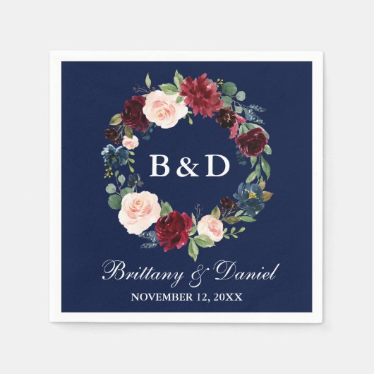 Bläserner Watercolor Wreath Burgundy Blue Wedding Serviette (Vorderseite)