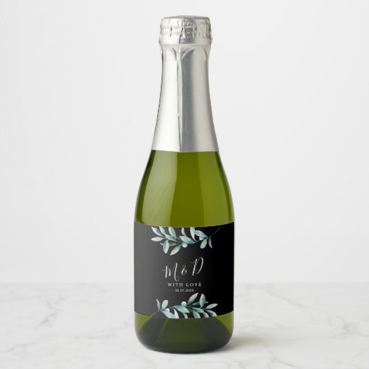 Bläsernes botanisches Schwarzes Hochzeitsstich Schaumweinetikett (Vorderseite)