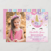 Bläsernicorn Pink Lila Blauer Regenbogen Geburtsta Einladung (Vorne/Hinten)