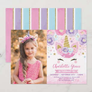 Bläsernicorn Pink Lila Blauer Regenbogen Geburtsta Einladung