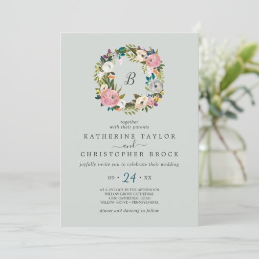 Bläsernkraut-Monogramm Einladung (Stehend Vorderseite)