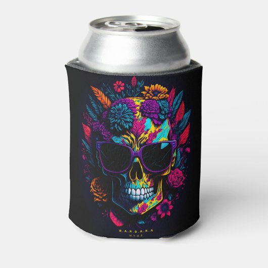 Bläserskull farbenfrohe Retro-Halloween-Monogramm Dosenkühler (Kanne Rückseite)