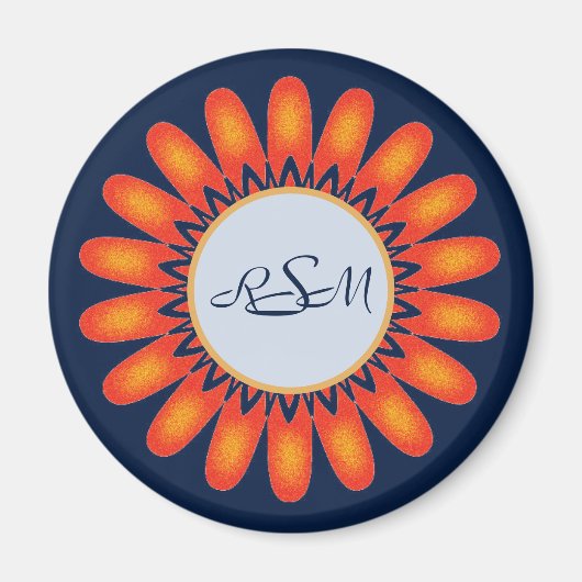 Bläservibrierende Orange Blume Navy Blue Monogram Magnet (Vorne)