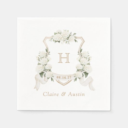 Bläserweiße Hydrangea-Wappen-Hochzeitsmonogramm Serviette (Vorderseite)
