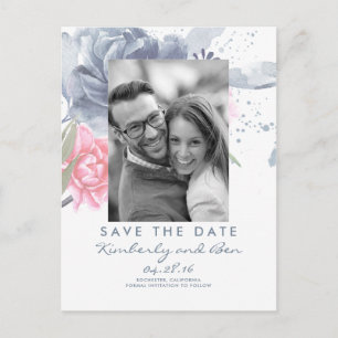 Blass Blau und Dusty Pink Blüten Save the Date Ankündigungspostkarte