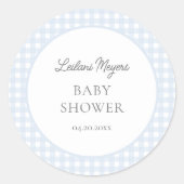 Blass Blue Gingham Classic Boys Baby Shower Runder Aufkleber (Vorderseite)