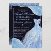 Blass Blue Glitzer Dress & Glam Edges 16 . Geburts Einladung (Vorne/Hinten)