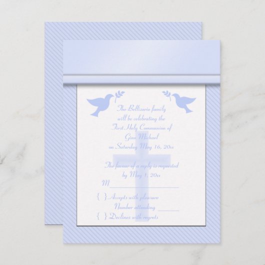 Blass Blue Strip Erste heilige Communion RSVP Card (Vorne/Hinten)