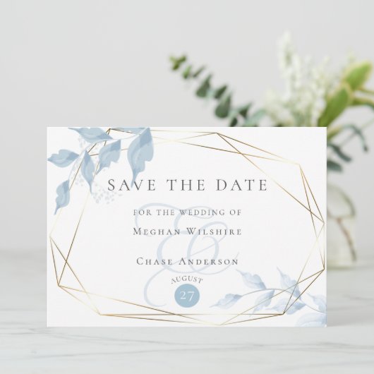 Blass Dusty Blue Delicate Foliate Save The Date (Stehend Vorderseite)