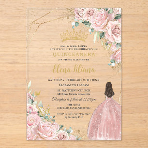 Blass hellrosa blumige Rosen Quinceanera Sweet 16 Acryleinladungen