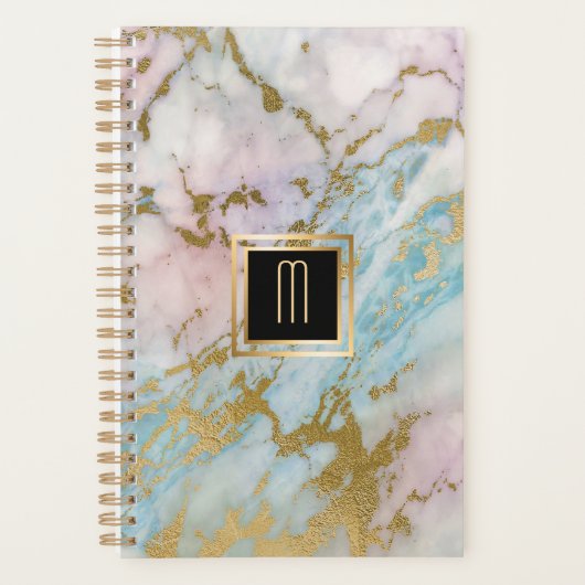 Blass-Marmor-Gold-Türkis-Monogramm Planer (Vorderseite)