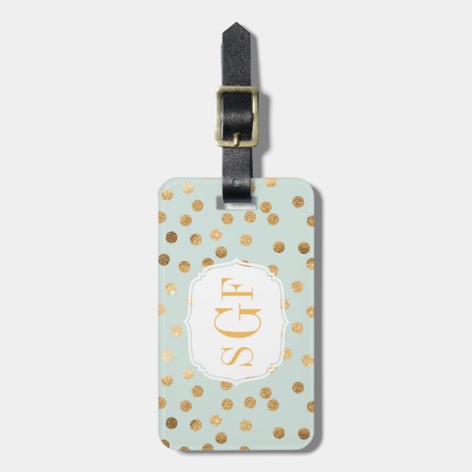 Blass Minze Blue und Gold Glitzer City Dots Monogr Gepäckanhänger (Vorderseite vertikal)