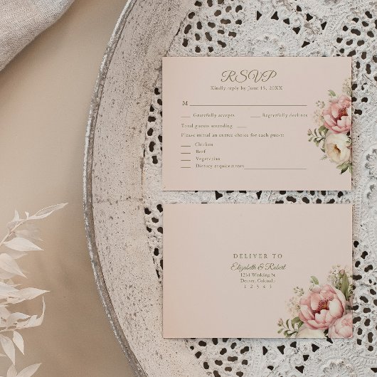 Blass Peach and Dusty Rose Floral Wedding RSVP Car Dankeskarte