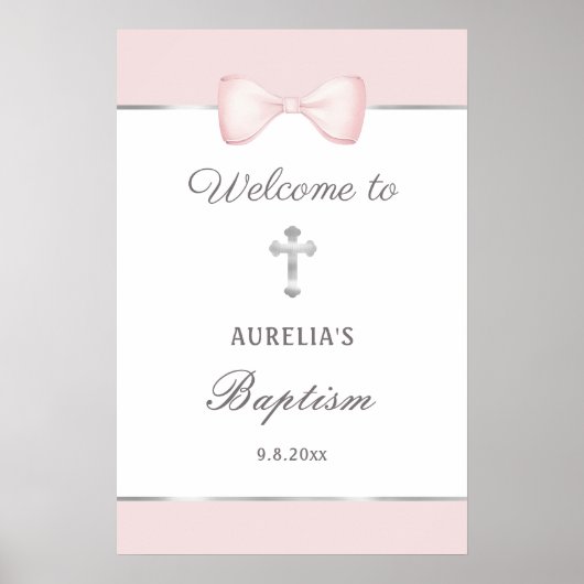 Blass Pink Bow Taufe Willkommen Poster (Vorne)