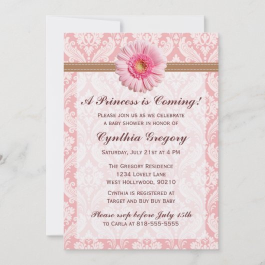 Blass Pink und Braun Daisy Babydusche Einladung (Vorderseite)
