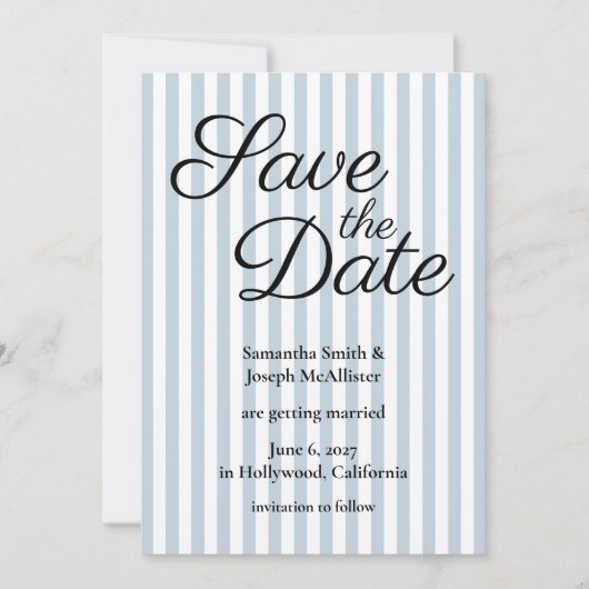 Blass staubblau und weiß gestreift save the date (Vorderseite)