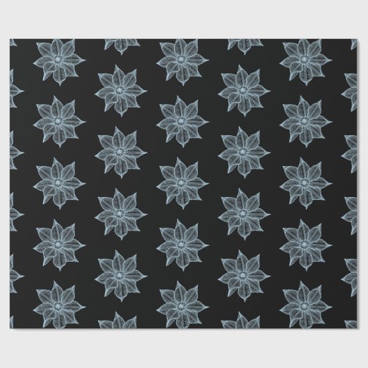Blassblau auf schwarzem Sketchy-Blume Geschenkpapier (Flach)