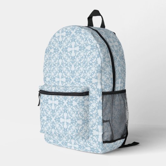 Blassblau Damask Bedruckter Rucksack (Rückseitige Ecke Rechts)