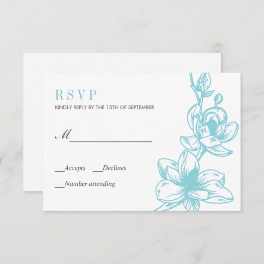 Blassblau | Magnolische Blume Bloom | HochzeitsrSV RSVP Karte (Vorne/Hinten)