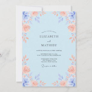 Blassblaue Elegante Wasserfarben-Hochzeit Einladung