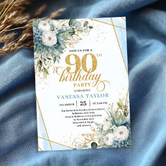 Blassblaue Goldblätter weiche chic 90. Geburtstag Einladung