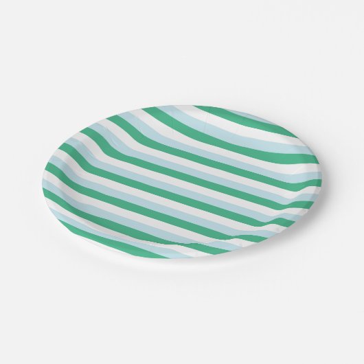 Blassblaue, grüne und weiße Streifen Pappteller (Schrägansicht)