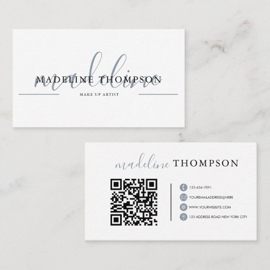 Blassblaue Kalligrafie Script QR-Code Visitenkarte (Vorne/Hinten)