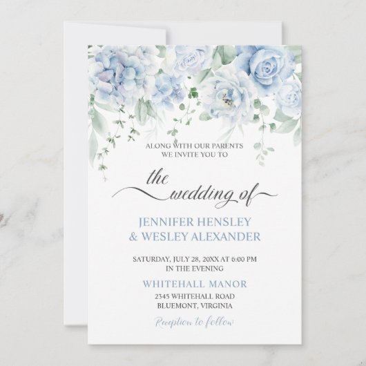 Blassblaue Rose Hydrangeas Hochzeitseinladung Einladung (Vorderseite)
