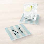 Blassblaue und antike weiße Streifen Mit Monogramm Glasuntersetzer (Schrägansicht)