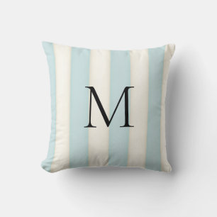 Blassblaue und antike weiße Streifen Mit Monogramm Kissen