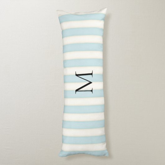 Blassblaue und antike weiße Streifen Mit Monogramm Seitenschläferkissen (Rückseite (Vertikal))