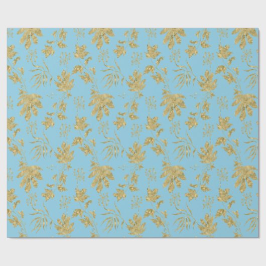 Blassblaue und goldfarbene Pflanze und Blätter Geschenkpapier (Flach)