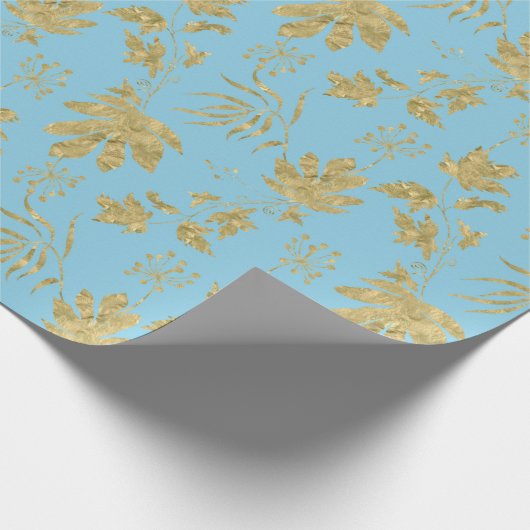 Blassblaue und goldfarbene Pflanze und Blätter Geschenkpapier (Ecke)