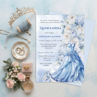 Blassblauer Blumen-Quinceañera-Ballkleid | Einladung