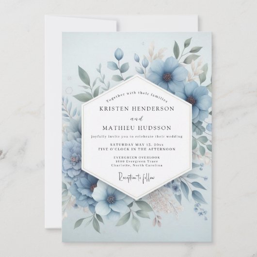 Blasse Blaue Blüten Hochzeit Einladung (Vorderseite)